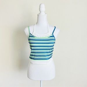Green & Blue Striped 2-In-1 Contrast White Halter Tank Crop Top